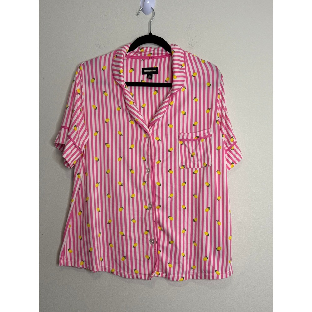 Room Service Pajama Set Large Pink White Striped Lemon Print Short Sleeve Pants